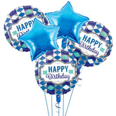 PartyCorp Happy Birthday Blue Stars and White Diamond Foil Balloon Bouquet, Decoration Set, DIY Pack of 5